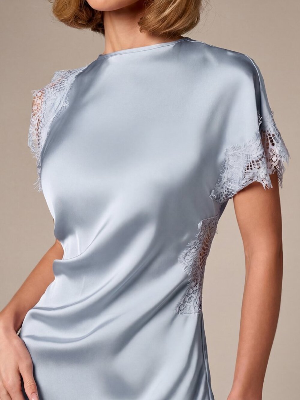 Baby Blue Elegant Women's Lace Detail Asymmetric Mini Dress With Short Sleeves - Picture 4 of 6
